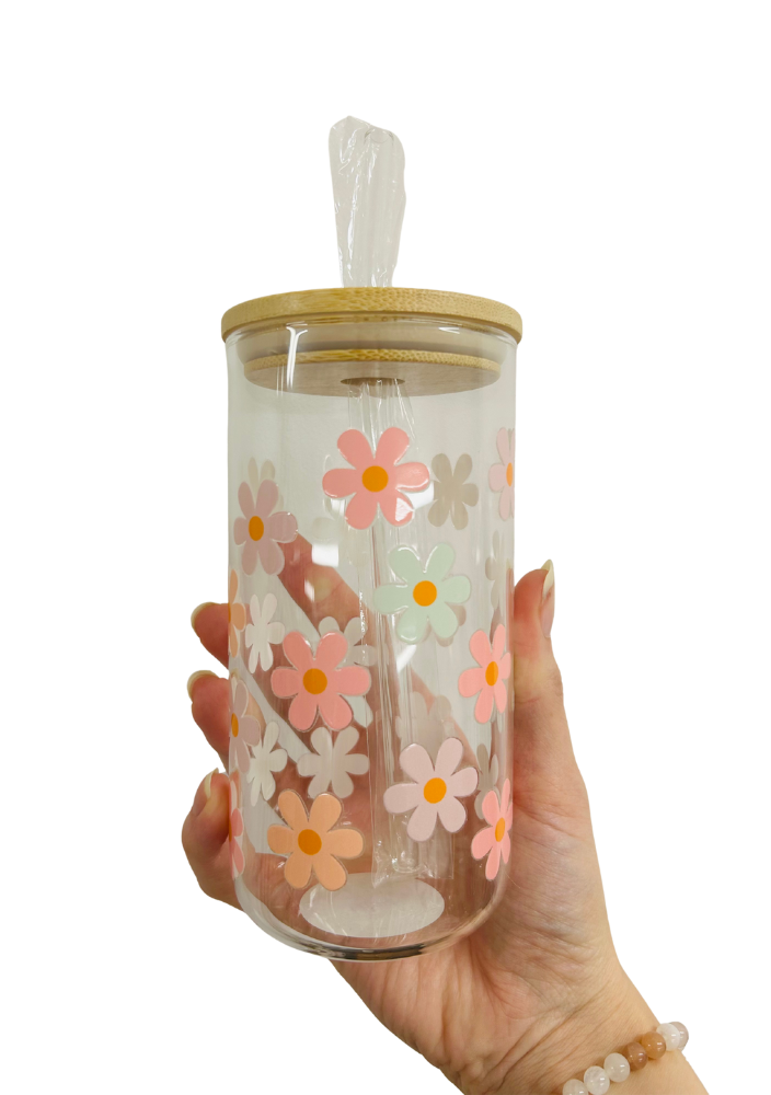 Daisy Colourful Glass Tumbler with Straw