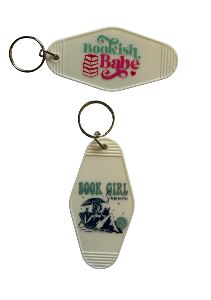 White Motel-Shaped Keyring – Bookish Quote (Double Sided)
