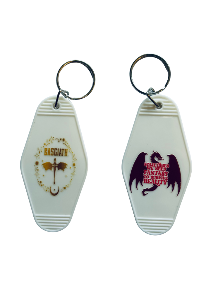 Basgiath - White Motel-Shaped Keyring – Bookish Quote (Double Sided)