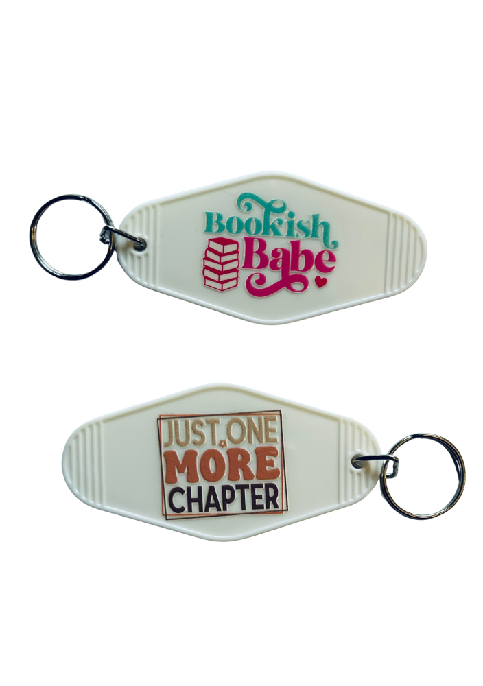 White Motel-Shaped Keyring – Bookish Quote (Double Sided)
