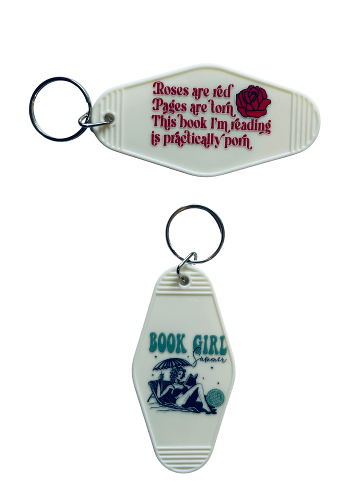 White Motel-Shaped Keyring – Bookish Quote (Double Sided)