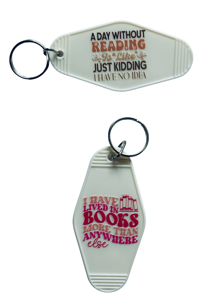 White Motel-Shaped Keyring – Bookish Quote (Double Sided)