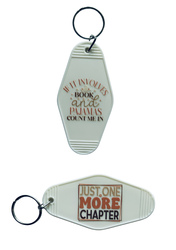 White Motel-Shaped Keyring – Bookish Quote (Double Sided)