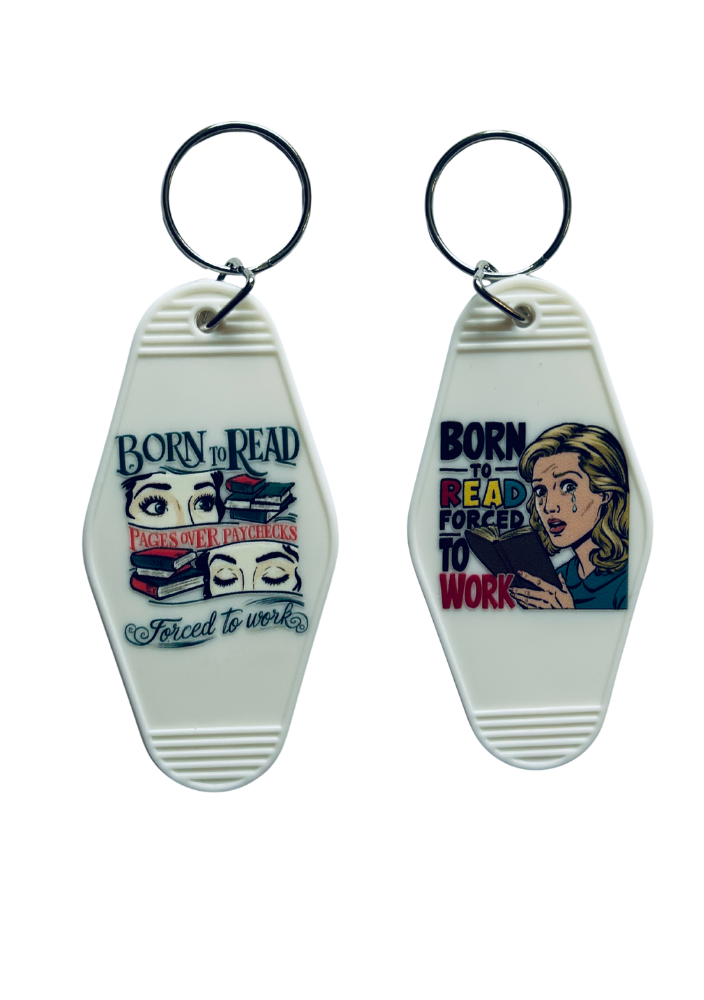 White Motel-Shaped Keyring – Bookish Quote (Double Sided)