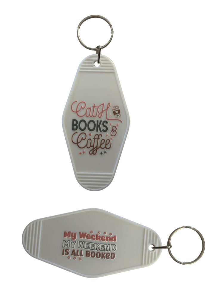 White Motel-Shaped Keyring – Bookish Quote (Double Sided)
